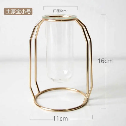 Nordic Style Glass Flower Pot Iron Art Vase Rose Gold Hanging Test Tube Flower Vases Home Office Decoration Desk Flowerpots