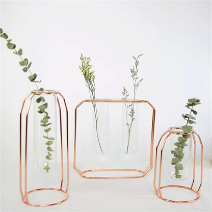 Nordic Style Glass Flower Pot Iron Art Vase Rose Gold Hanging Test Tube Flower Vases Home Office Decoration Desk Flowerpots