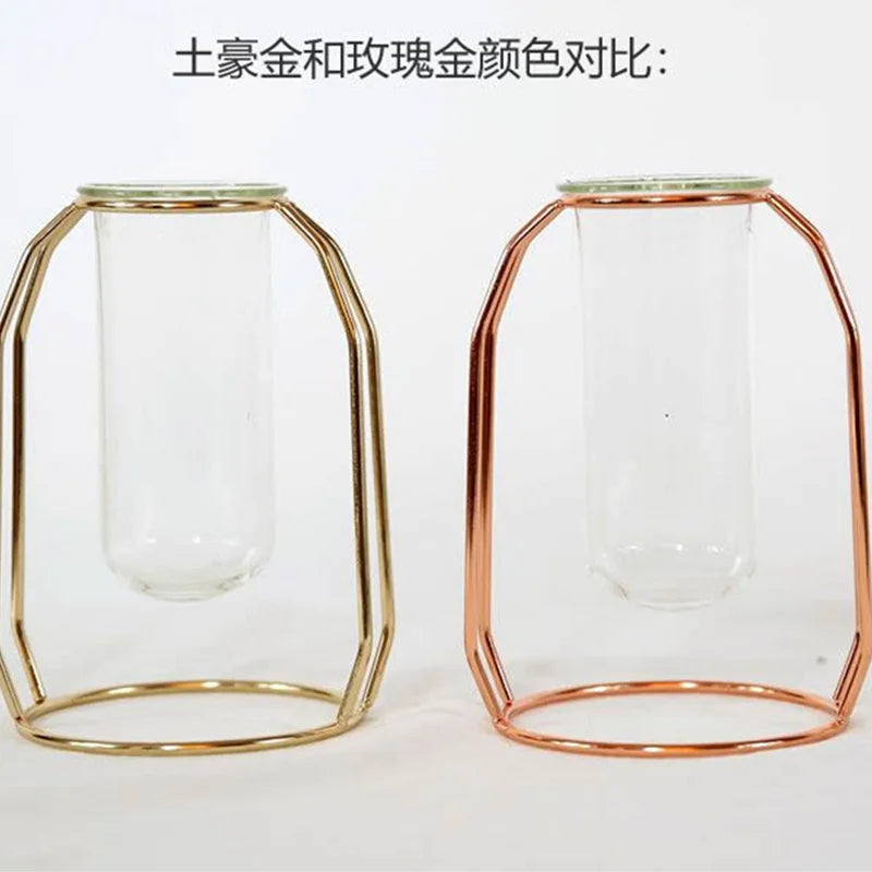 Nordic Style Glass Flower Pot Iron Art Vase Rose Gold Hanging Test Tube Flower Vases Home Office Decoration Desk Flowerpots