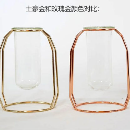 Nordic Style Glass Flower Pot Iron Art Vase Rose Gold Hanging Test Tube Flower Vases Home Office Decoration Desk Flowerpots