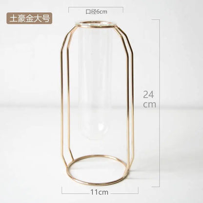 Nordic Style Glass Flower Pot Iron Art Vase Rose Gold Hanging Test Tube Flower Vases Home Office Decoration Desk Flowerpots