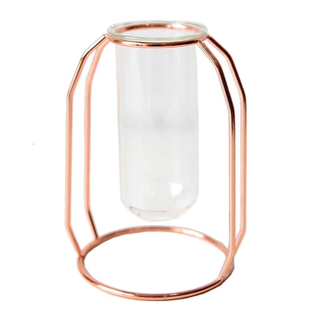 Nordic Style Glass Flower Pot Iron Art Vase Rose Gold Hanging Test Tube Flower Vases Home Office Decoration Desk Flowerpots