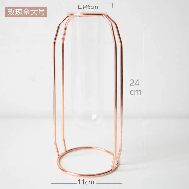 Nordic Style Glass Flower Pot Iron Art Vase Rose Gold Hanging Test Tube Flower Vases Home Office Decoration Desk Flowerpots