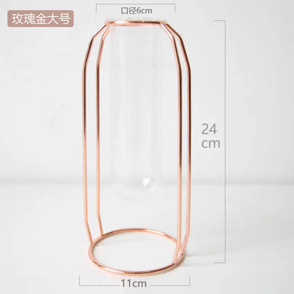 Nordic Style Glass Flower Pot Iron Art Vase Rose Gold Hanging Test Tube Flower Vases Home Office Decoration Desk Flowerpots