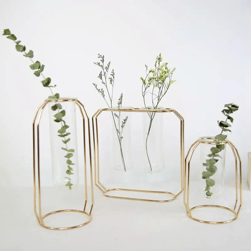 Nordic Style Glass Flower Pot Iron Art Vase Rose Gold Hanging Test Tube Flower Vases Home Office Decoration Desk Flowerpots