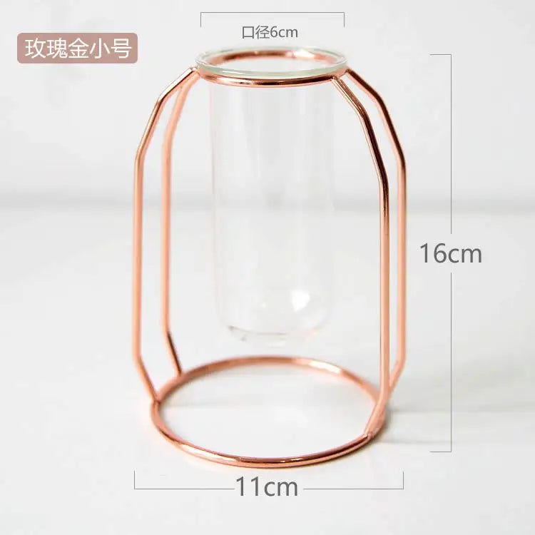 Nordic Style Glass Flower Pot Iron Art Vase Rose Gold Hanging Test Tube Flower Vases Home Office Decoration Desk Flowerpots