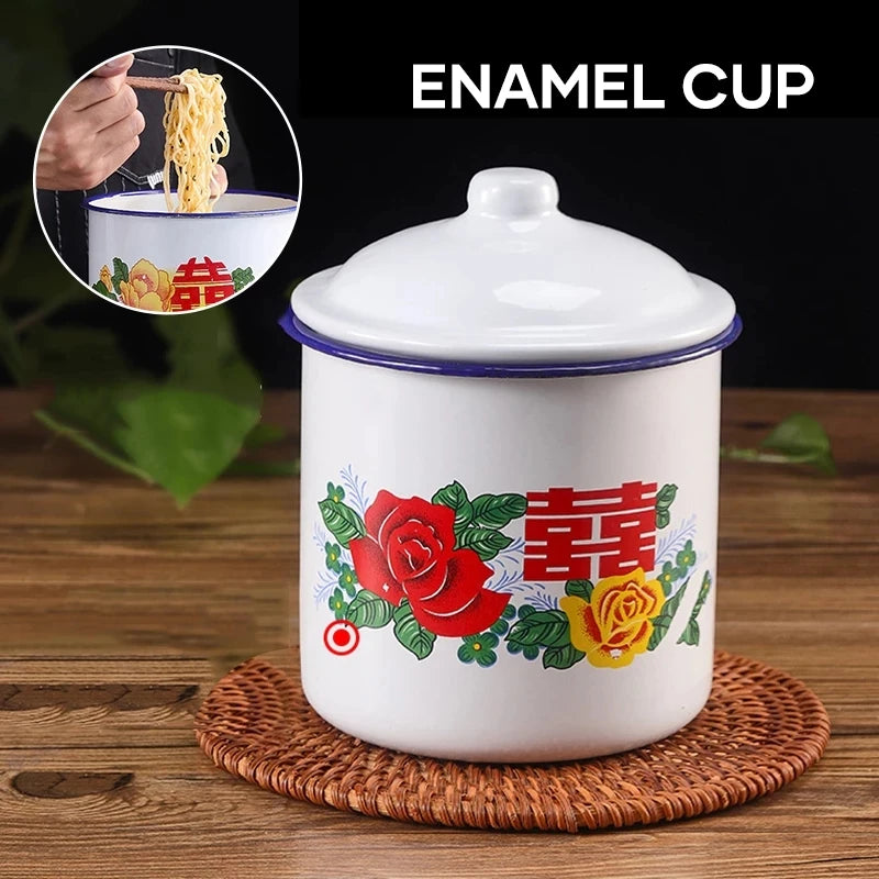 Nostalgic Chinese Enamel Cup with Lid Creative Instant Noodle Bowl Large Capacity Literary Tea Mug Gift 750/1100/3000ML FU