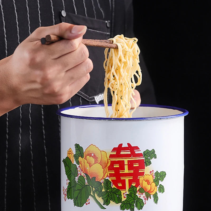 Nostalgic Chinese Enamel Cup with Lid Creative Instant Noodle Bowl Large Capacity Literary Tea Mug Gift 750/1100/3000ML FU