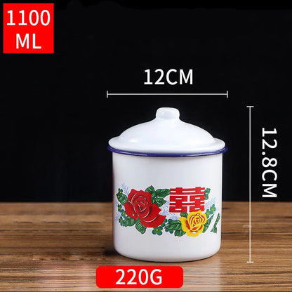 Nostalgic Chinese Enamel Cup with Lid Creative Instant Noodle Bowl Large Capacity Literary Tea Mug Gift 750/1100/3000ML FU