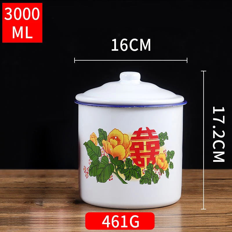 Nostalgic Chinese Enamel Cup with Lid Creative Instant Noodle Bowl Large Capacity Literary Tea Mug Gift 750/1100/3000ML FU