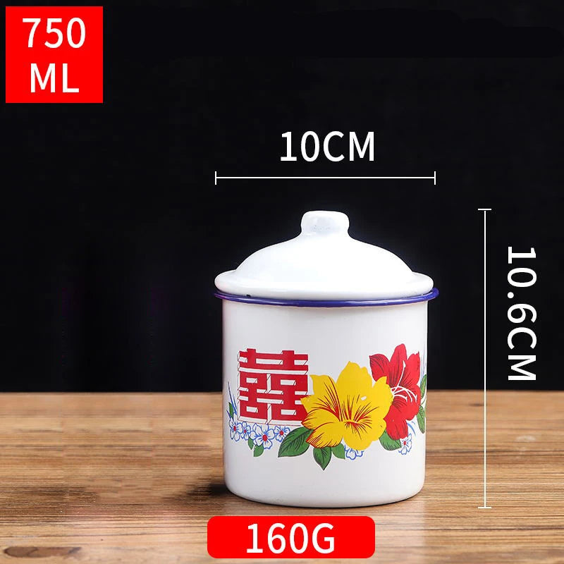 Nostalgic Chinese Enamel Cup with Lid Creative Instant Noodle Bowl Large Capacity Literary Tea Mug Gift 750/1100/3000ML FU
