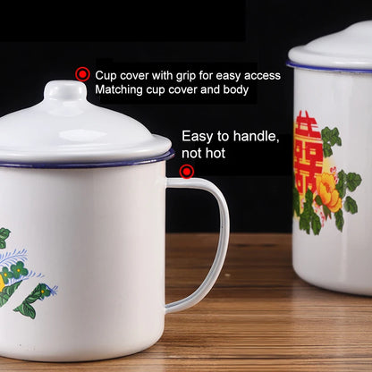 Nostalgic Chinese Enamel Cup with Lid Creative Instant Noodle Bowl Large Capacity Literary Tea Mug Gift 750/1100/3000ML FU