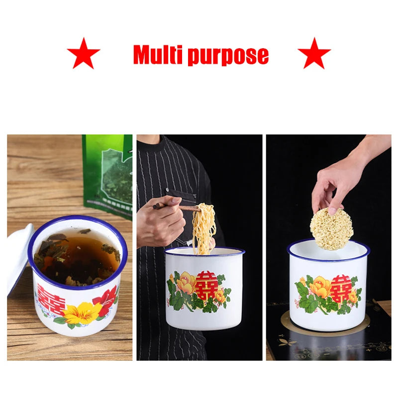 Nostalgic Chinese Enamel Cup with Lid Creative Instant Noodle Bowl Large Capacity Literary Tea Mug Gift 750/1100/3000ML FU