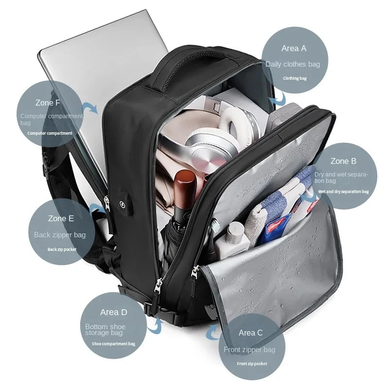 Nylon Backpack for Women USB Charging Waterproof Men's Back Pack 15 Inches Laptop Bag 30L Big Capacity Outdoor Travel Shoes Bag
