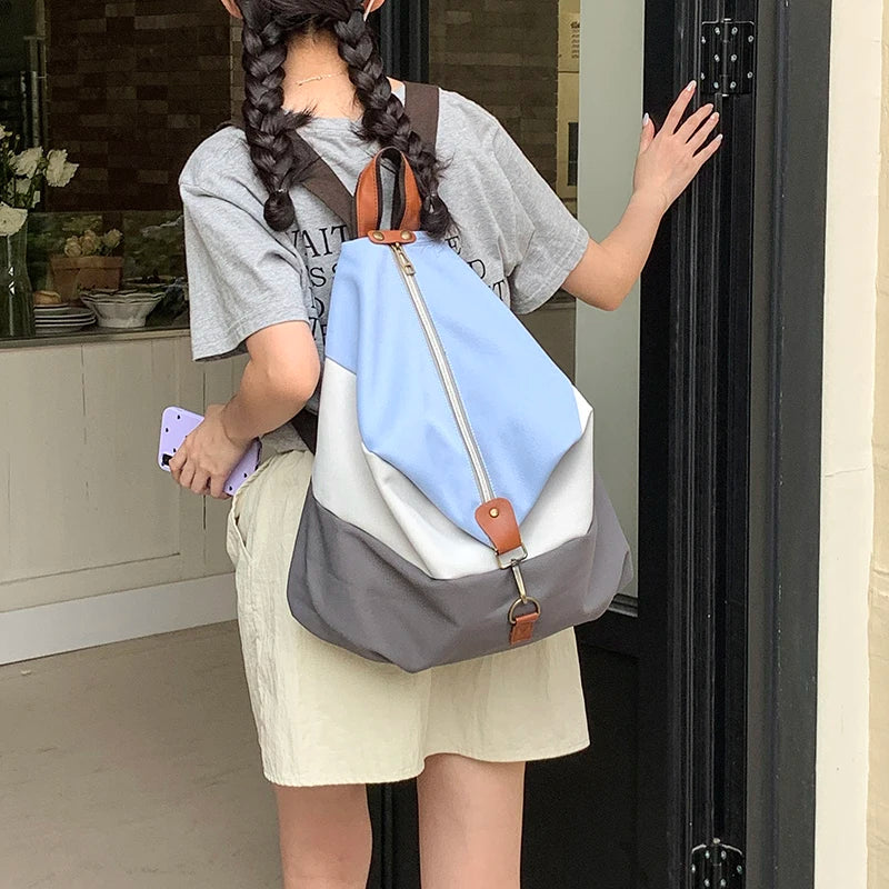 Nylon Kawaii Female School Bags For Girls Backpack Cute Casual Small Students Horizontal grid color blocking Backpacks For Women