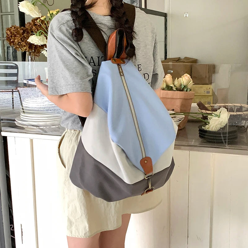 Nylon Kawaii Female School Bags For Girls Backpack Cute Casual Small Students Horizontal grid color blocking Backpacks For Women