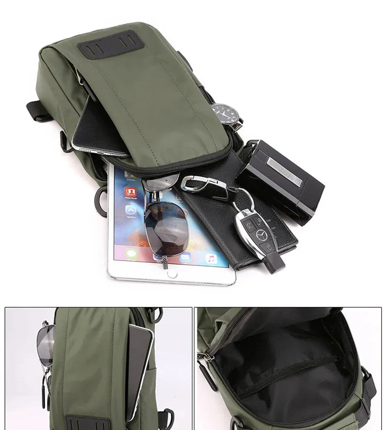 Nylon Men Backpack Rucksack Knapsack USB Charging Port Male Military Sling Messenger Crossbody Chest Pack Bag Daypack