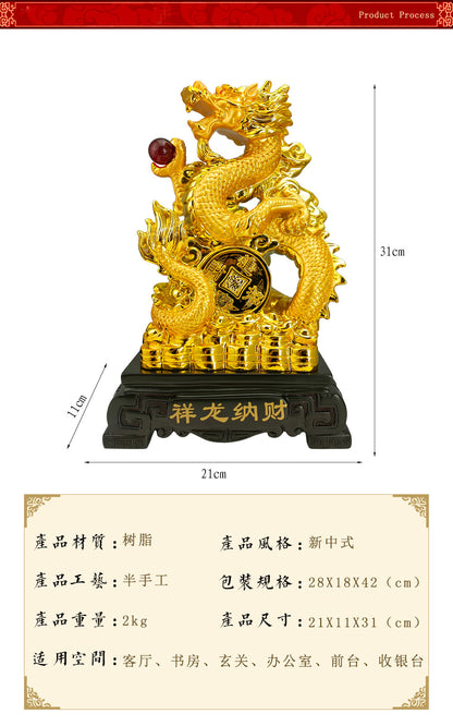 31cm Resin gold placer Zodiac Dragon Wind Water Dragon Ornaments Jinlong Crafts Lucky Opening Gifts Office Desktop Display