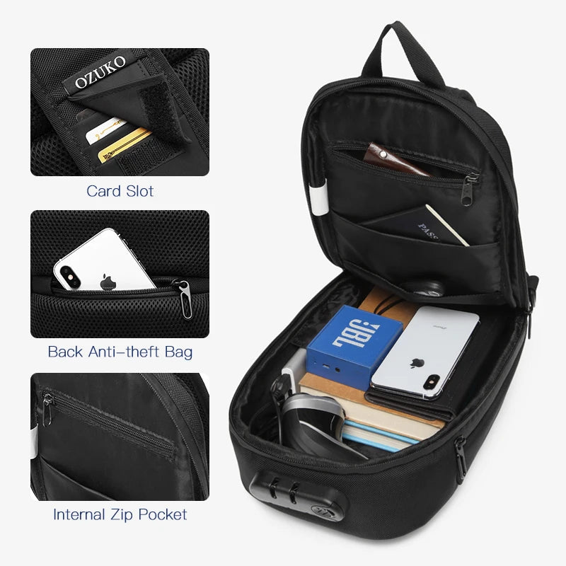 OZUKO Handbag Man Crossbody Bags Male Waterproof USB Charging Chest Pack Short Trip Messenger Sling Bag Shoulder Chest Bag