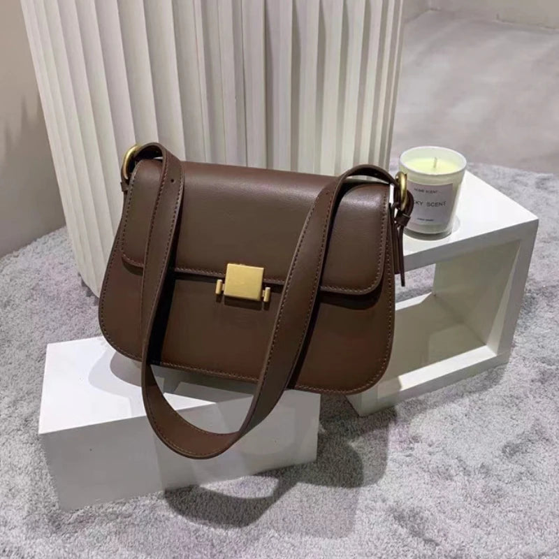 Office Lady Small Square Bag 2024 New Simple Pure Underarm Genuine Leather Handbags Fashion Elegant Women's Shoulder Purse Bolsa