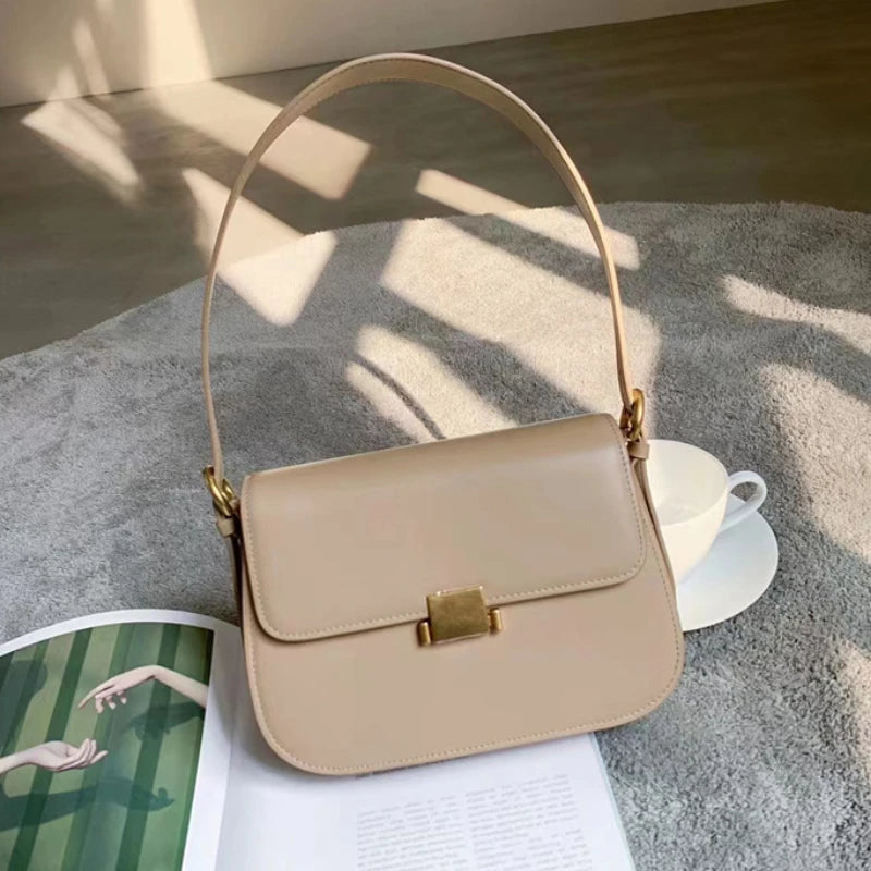 Office Lady Small Square Bag 2024 New Simple Pure Underarm Genuine Leather Handbags Fashion Elegant Women's Shoulder Purse Bolsa