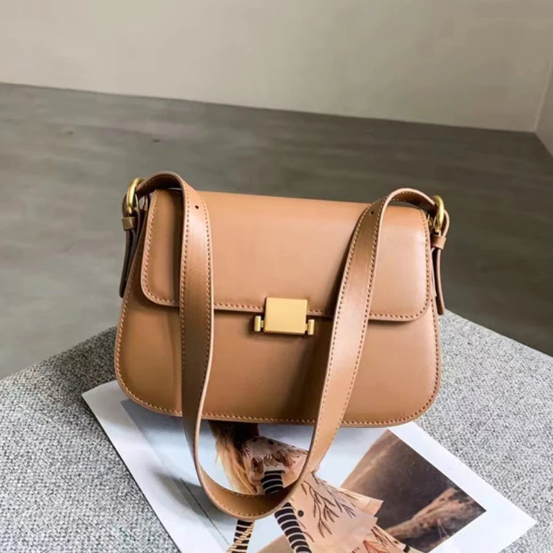 Office Lady Small Square Bag 2024 New Simple Pure Underarm Genuine Leather Handbags Fashion Elegant Women's Shoulder Purse Bolsa
