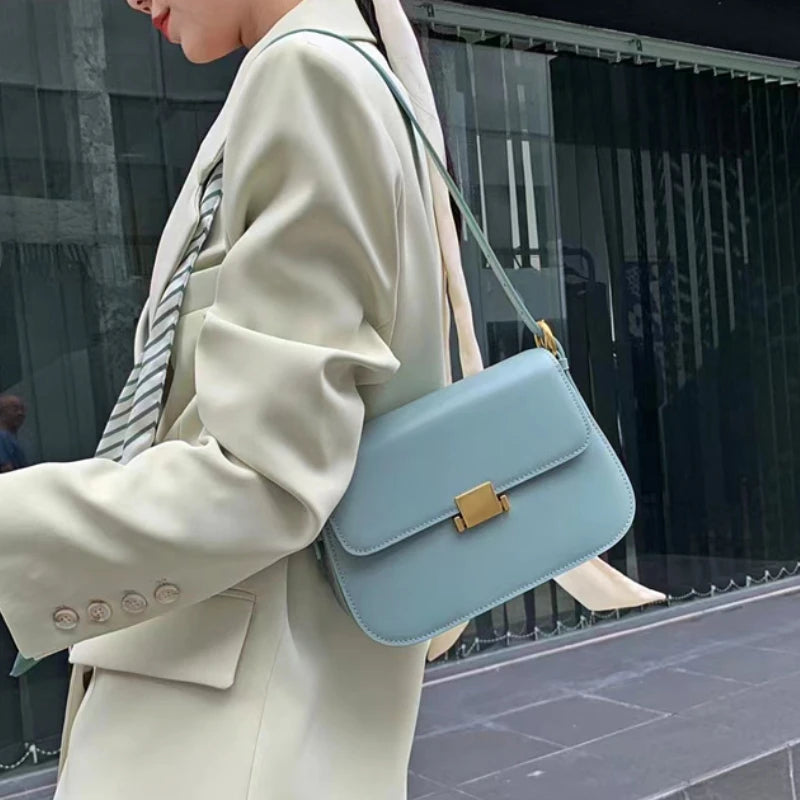 Office Lady Small Square Bag 2024 New Simple Pure Underarm Genuine Leather Handbags Fashion Elegant Women's Shoulder Purse Bolsa