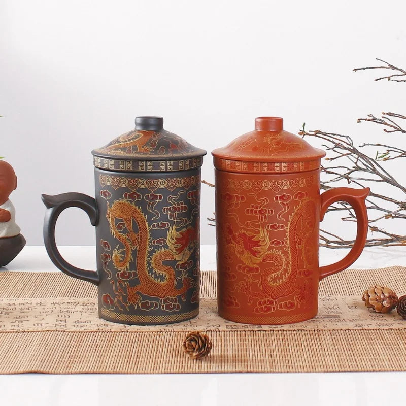 Office home Cup Zisha Teacup Gift Traditional Mug Tumbler Chinese Dragon Purple Clay Tea Mug with Lid Strainer Retro Handmade