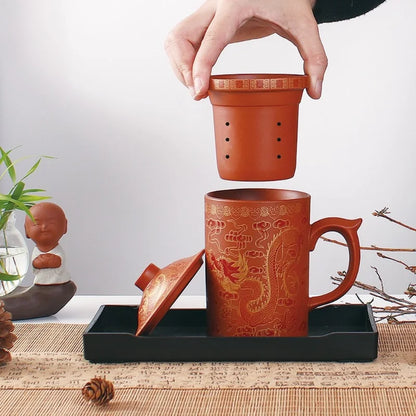 Office home Cup Zisha Teacup Gift Traditional Mug Tumbler Chinese Dragon Purple Clay Tea Mug with Lid Strainer Retro Handmade