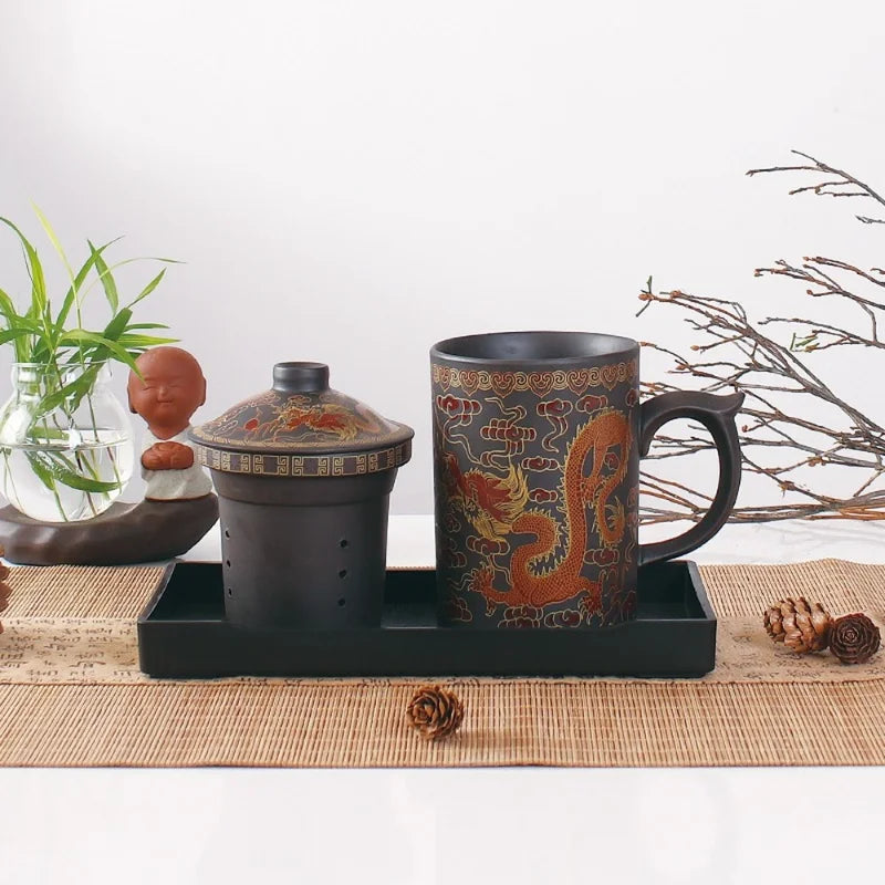 Office home Cup Zisha Teacup Gift Traditional Mug Tumbler Chinese Dragon Purple Clay Tea Mug with Lid Strainer Retro Handmade