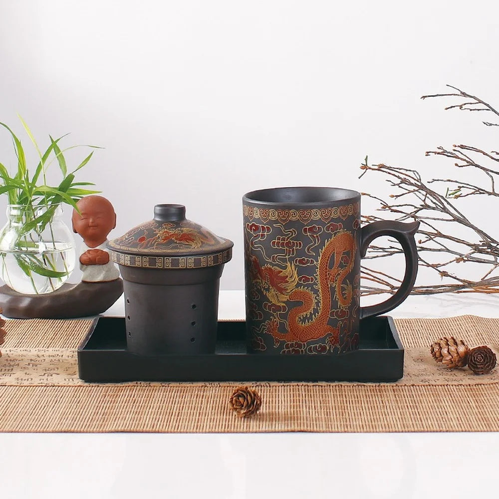 Office home Cup Zisha Teacup Gift Traditional Mug Tumbler Chinese Dragon Purple Clay Tea Mug with Lid Strainer Retro Handmade