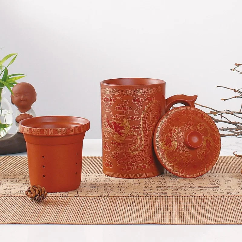 Office home Cup Zisha Teacup Gift Traditional Mug Tumbler Chinese Dragon Purple Clay Tea Mug with Lid Strainer Retro Handmade