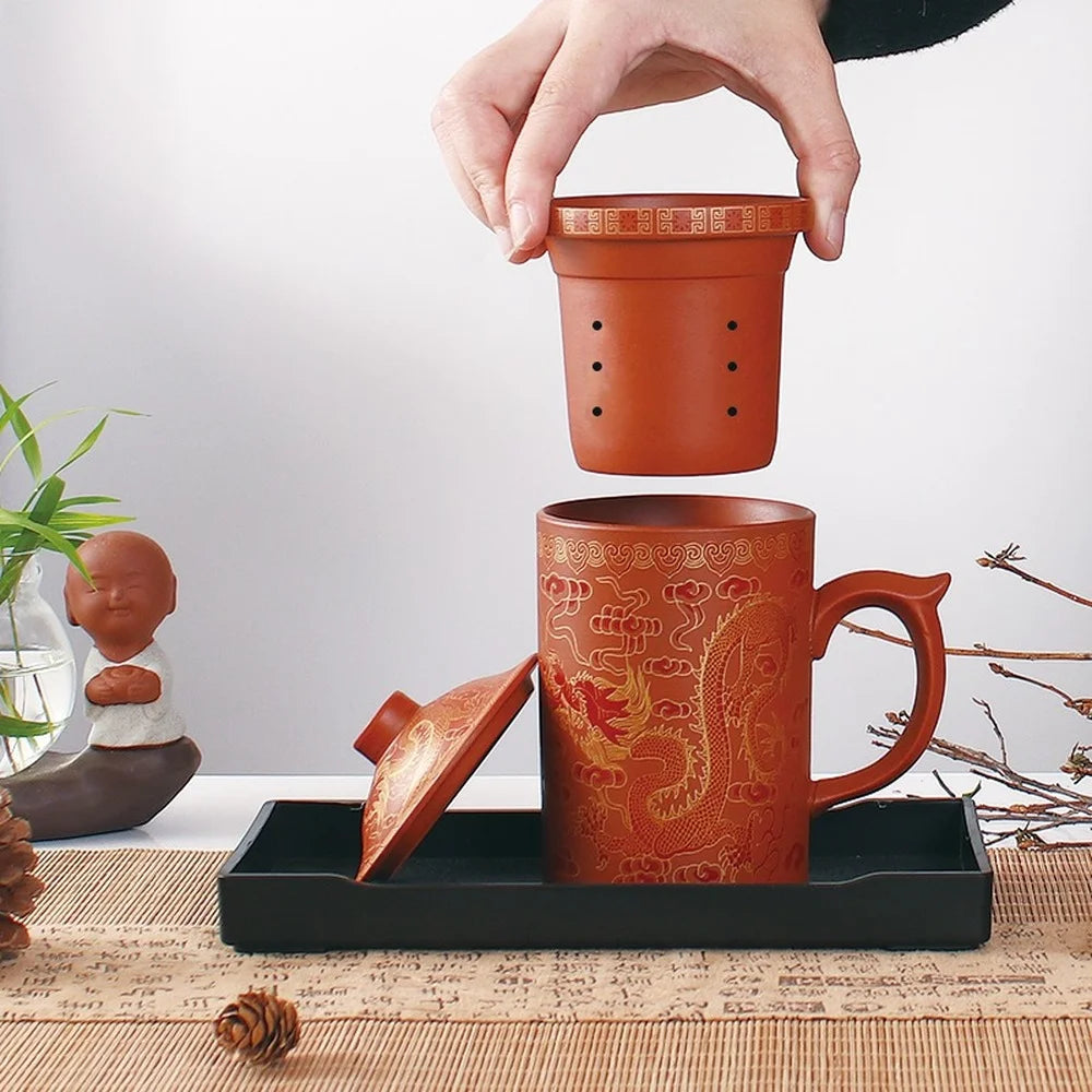 Office home Cup Zisha Teacup Gift Traditional Mug Tumbler Chinese Dragon Purple Clay Tea Mug with Lid Strainer Retro Handmade