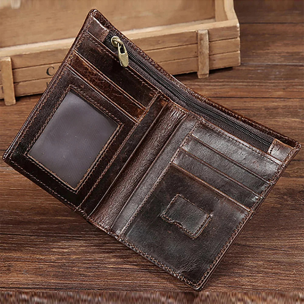 Oil Wax Cowhide Men Bifold Wallet Clutch Money Bag Genuine Leather Luxury Coin Pocket Male ID/Credit Card Holder Short Purse New