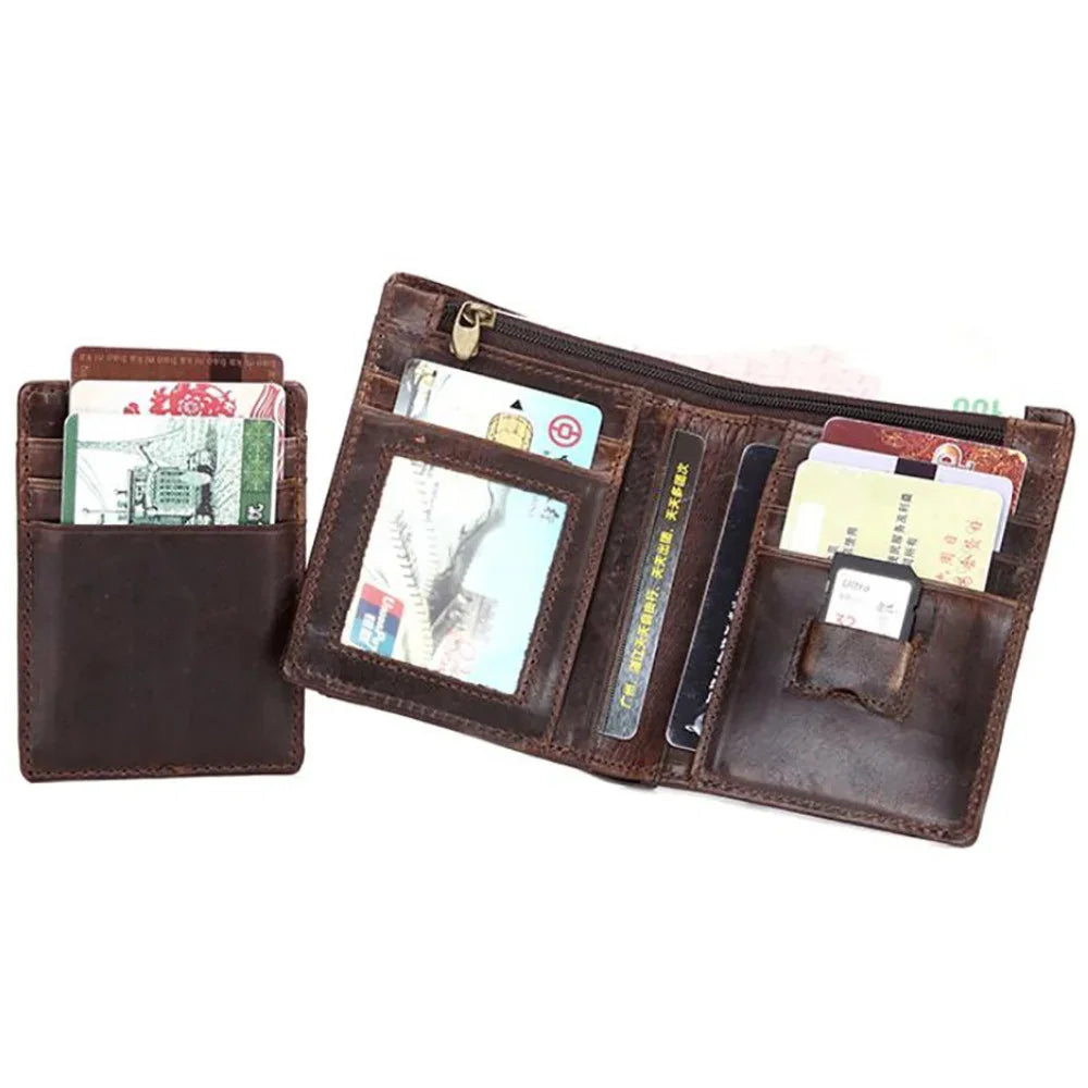 Oil Wax Cowhide Men Bifold Wallet Clutch Money Bag Genuine Leather Luxury Coin Pocket Male ID/Credit Card Holder Short Purse New