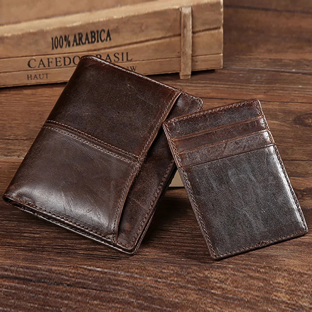 Oil Wax Cowhide Men Bifold Wallet Clutch Money Bag Genuine Leather Luxury Coin Pocket Male ID/Credit Card Holder Short Purse New