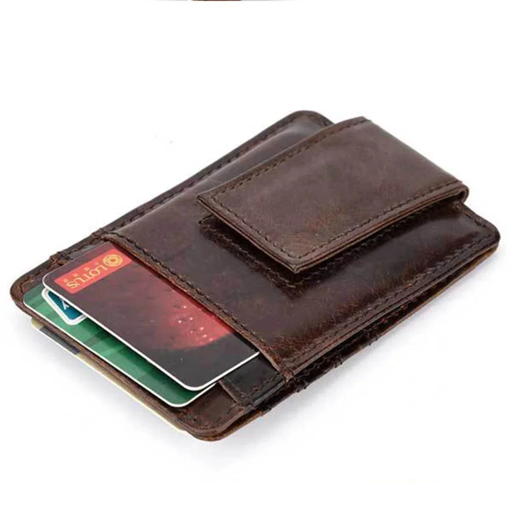 Oil Wax Cowhide Men Money Clips ID/Credit Purse Pocket Genuine Leather Magnetic Buckle Retro Slim Mini Card Holer Wallets