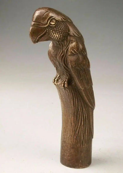 Old Carving Bronze Lifelike eagle Parrot Statue Cane Head Walking Stick Head
