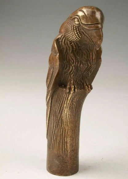 Old Carving Bronze Lifelike eagle Parrot Statue Cane Head Walking Stick Head