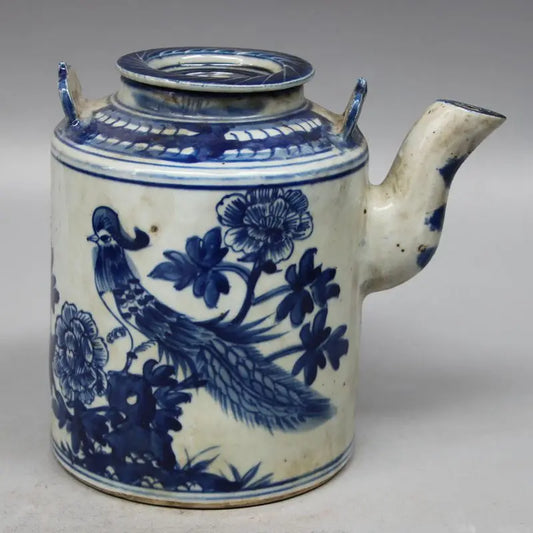 Old Chinese Blue and White Porcelain Qing Hand Painted Flowers and Birds Teapot Wine Pot Home Decoration