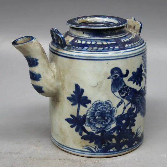 Old Chinese Blue and White Porcelain Qing Hand Painted Flowers and Birds Teapot Wine Pot Home Decoration