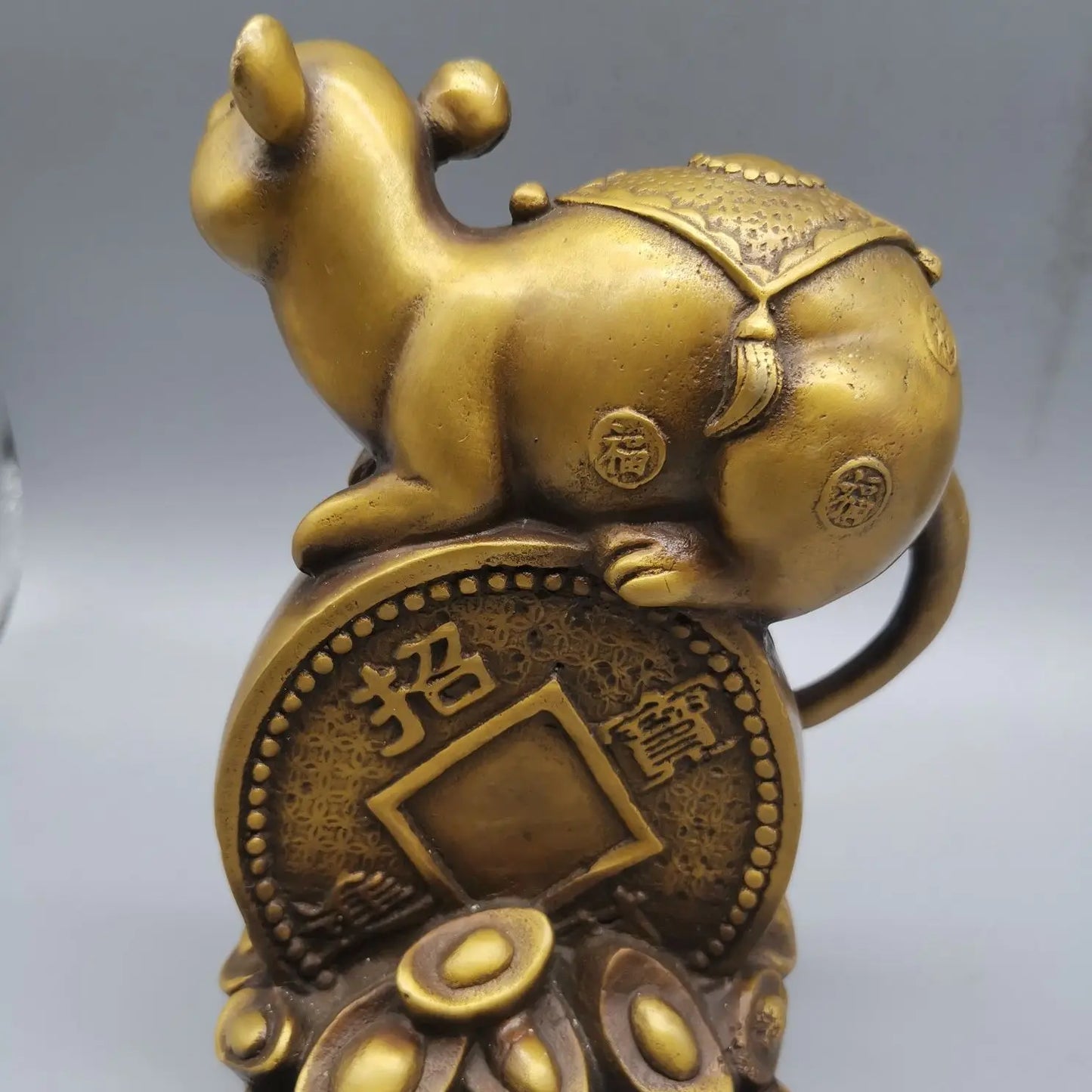 Old Chinese Bronze Brass Wealth Coin, Money Coins, Mouse Statue