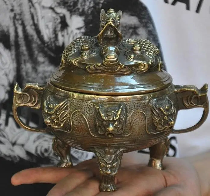 Old Chinese Bronze Dragons Loong Dragon Beast Head Statue Incense Burner Censer