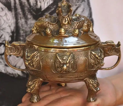 Old Chinese Bronze Dragons Loong Dragon Beast Head Statue Incense Burner Censer