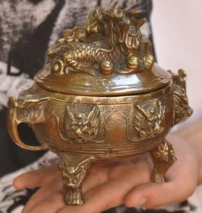 Old Chinese Bronze Dragons Loong Dragon Beast Head Statue Incense Burner Censer