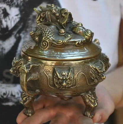 Old Chinese Bronze Dragons Loong Dragon Beast Head Statue Incense Burner Censer