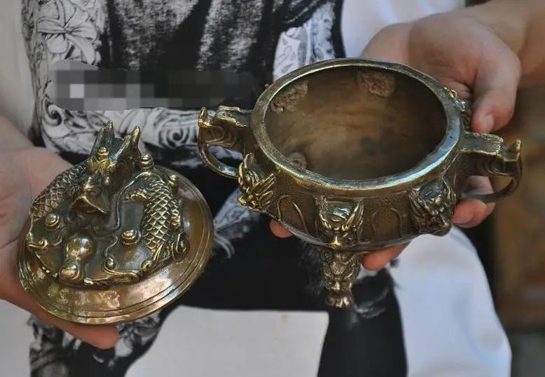 Old Chinese Bronze Dragons Loong Dragon Beast Head Statue Incense Burner Censer