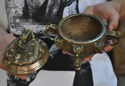 Old Chinese Bronze Dragons Loong Dragon Beast Head Statue Incense Burner Censer