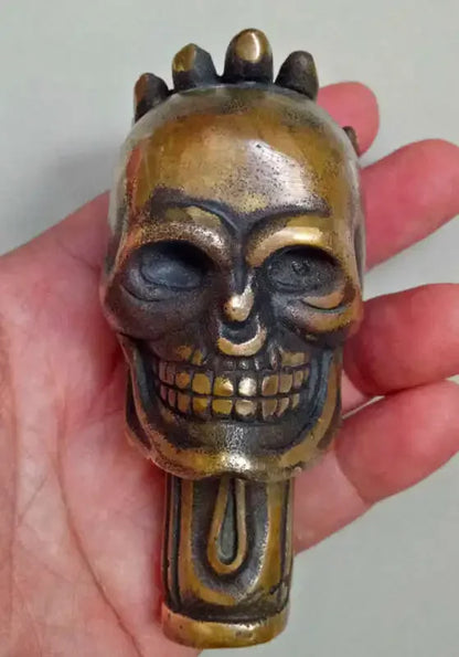 Old Chinese Bronze Handmade Carved Skull Statue Cane Walking Stick Head