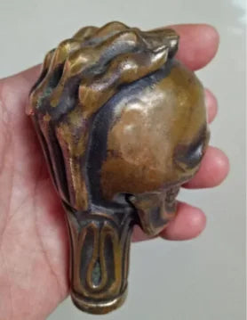 Old Chinese Bronze Handmade Carved Skull Statue Cane Walking Stick Head